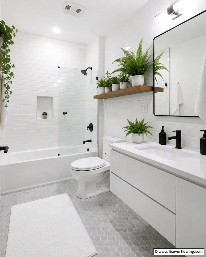 Add a Touch of Greenery - 30 Small White Bathroom Ideas to Brighten Compact Spaces