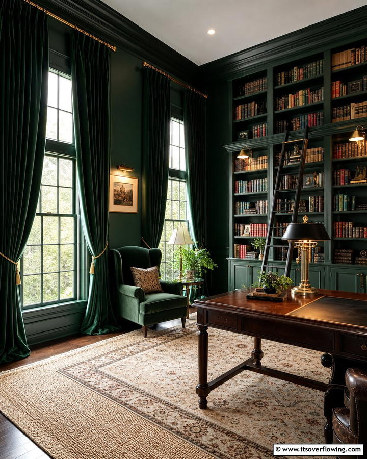 Adding Dark Green Curtains for a Dramatic Effect - 20 Dark Green Home Library Ideas and Inspiration