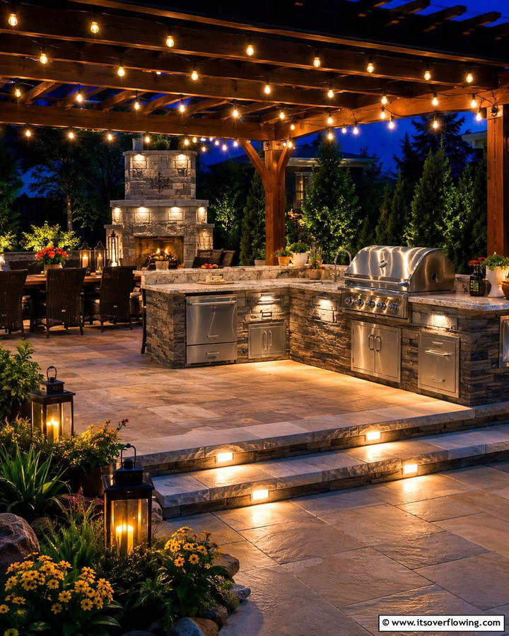 Adding Outdoor Lighting for Ambiance - 20 Functional L-Shaped Outdoor Kitchen Ideas for Entertaining