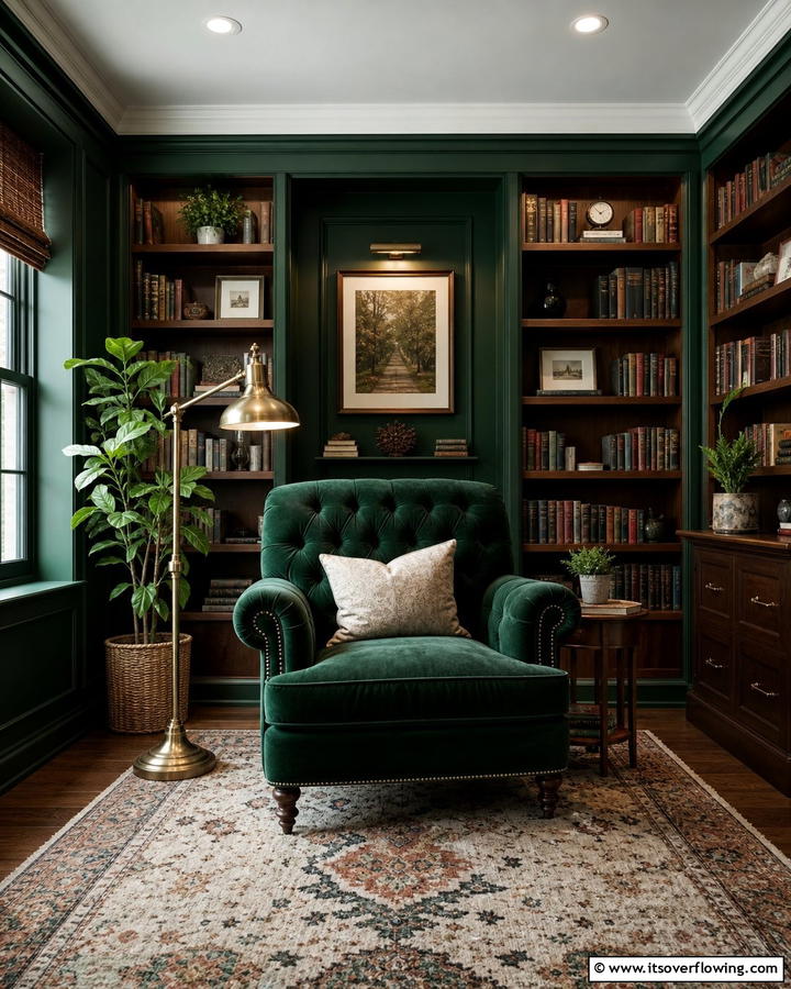 Adding Plush Velvet Seating in Dark Green - 20 Dark Green Home Library Ideas and Inspiration