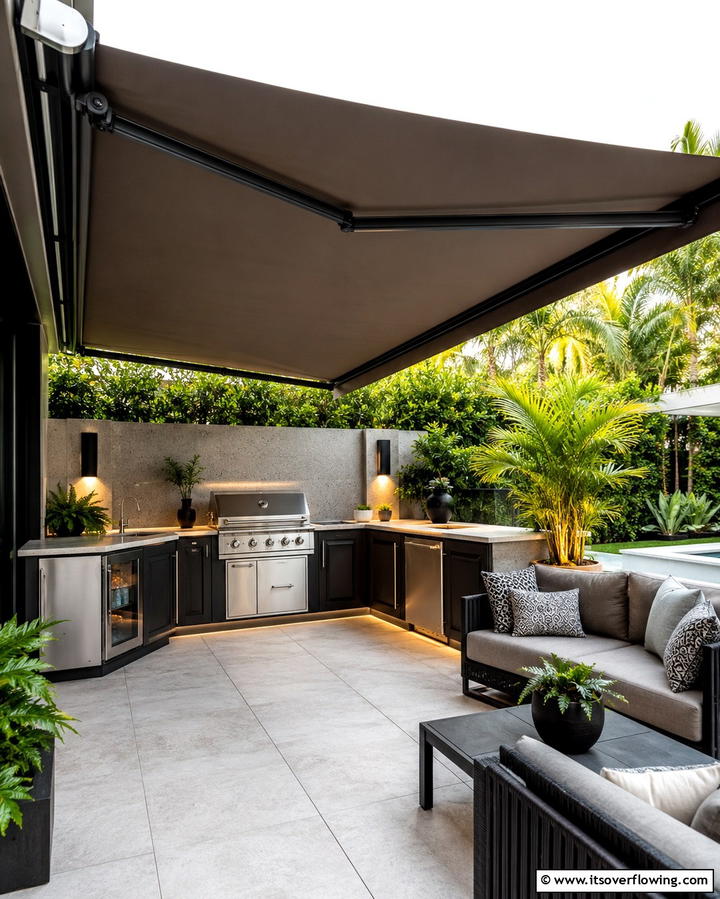 Adding Retractable Awnings - 20 Functional L-Shaped Outdoor Kitchen Ideas for Entertaining