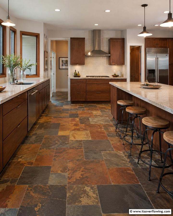 Adding Texture with Multicolored Slate Tiles - 25 Kitchens With Slate Floors for a Durable and Stylish Look