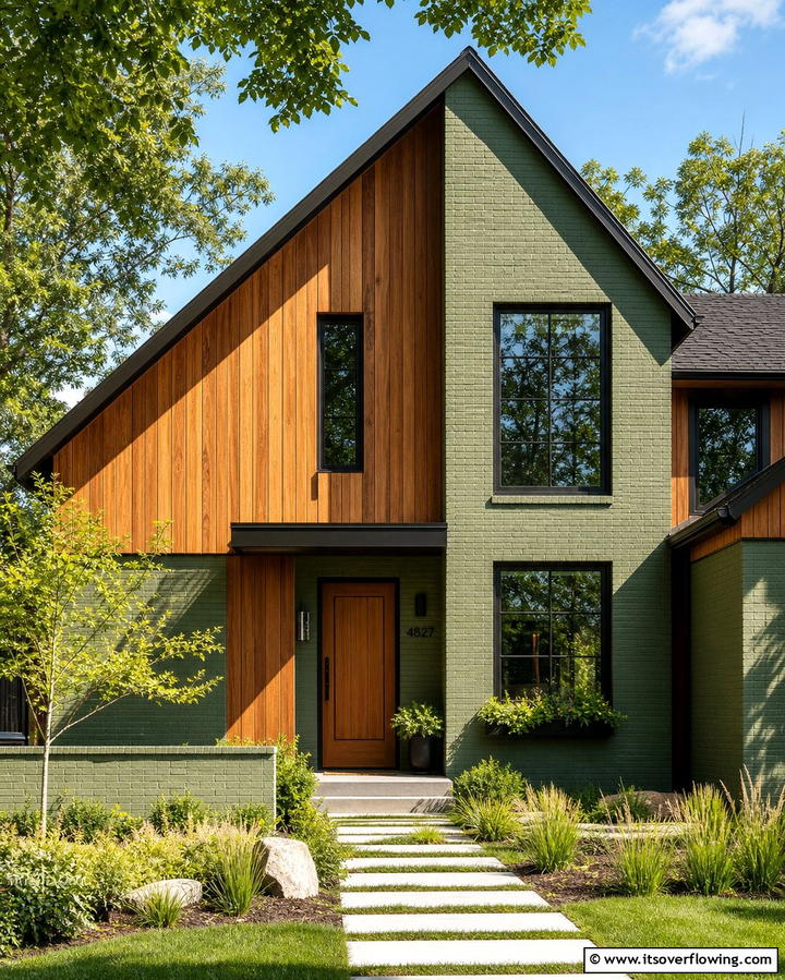 Adding Texture with Vertical Wooden Panels - 25 Sage Green Painted Brick House Ideas for a Fresh Look