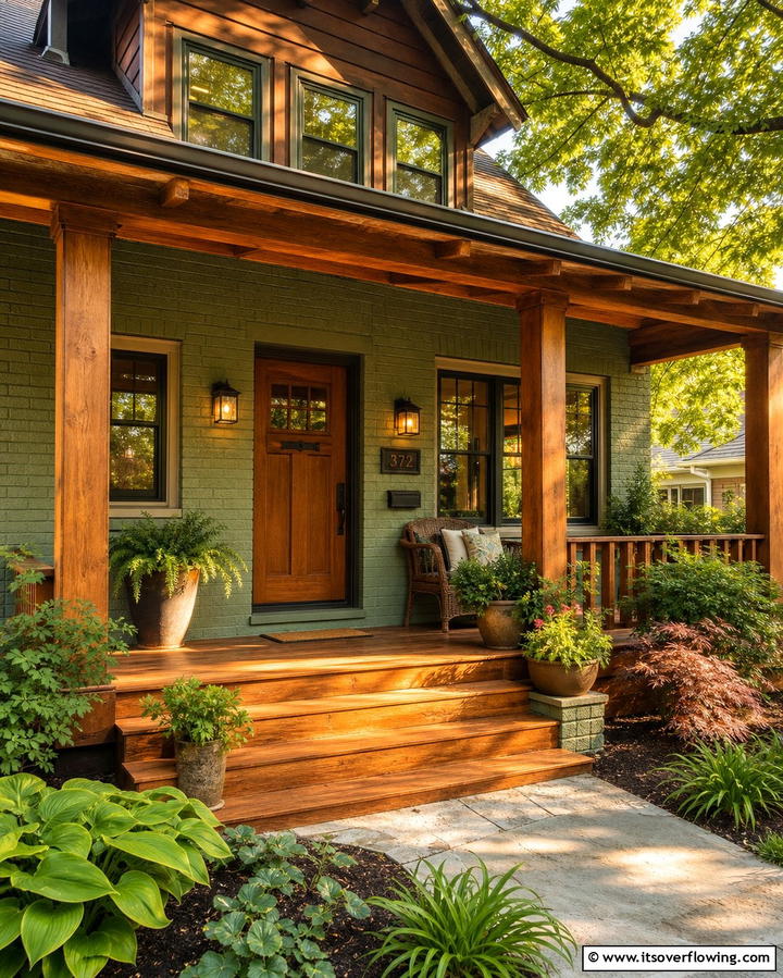 Adding Warmth with Wooden Elements - 25 Sage Green Painted Brick House Ideas for a Fresh Look