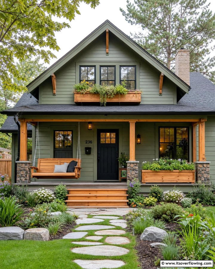 Adding Warmth with Wooden Elements - 20 Sage Green House With Black Door Design Ideas
