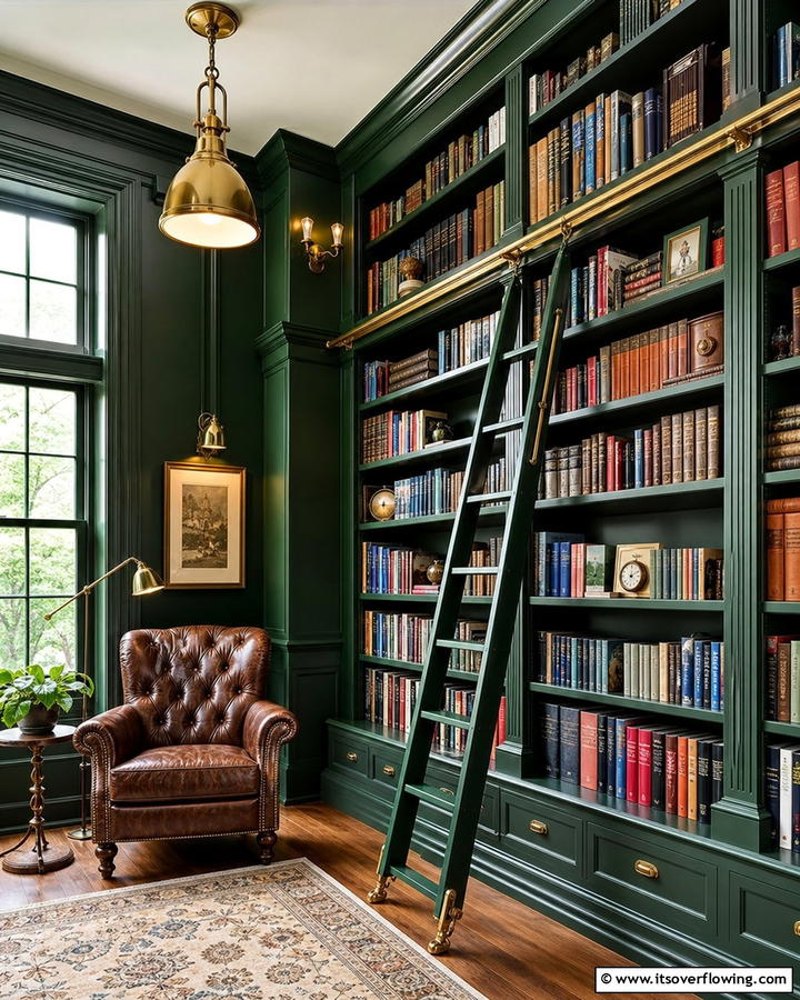 Adding a Dark Green Ladder for a Functional Accent - 20 Dark Green Home Library Ideas and Inspiration