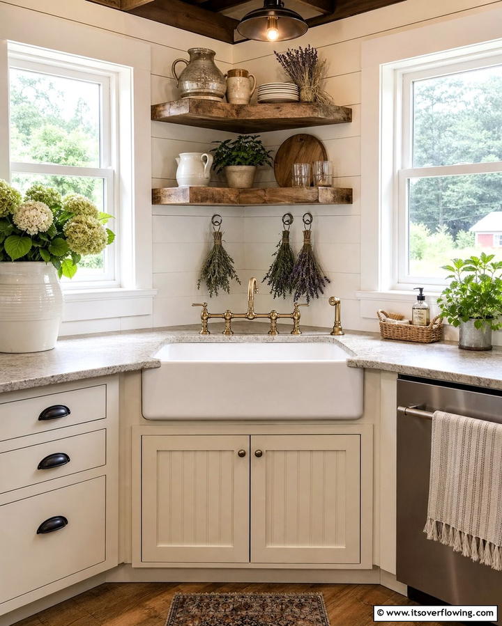 Adding a Farmhouse Touch with a Corner Apron Sink - 25 Clever Corner Kitchen Sink Ideas for Small Spaces