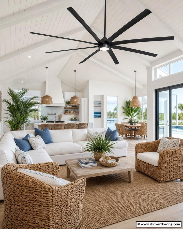 Adding a Floating Ceiling Fan for Comfort - 20 Open Concept Vaulted Ceiling Living Room Ideas