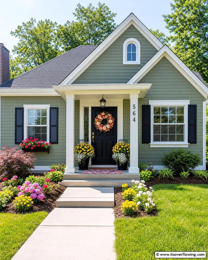 Adding a Pop of Color with Accessories - 20 Sage Green House With Black Door Design Ideas