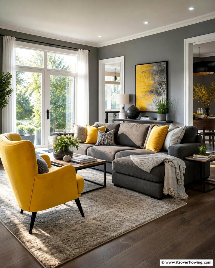 Adding a Pop of Yellow - 30 Grey Living Room & Dark Wood Floor Design Combinations