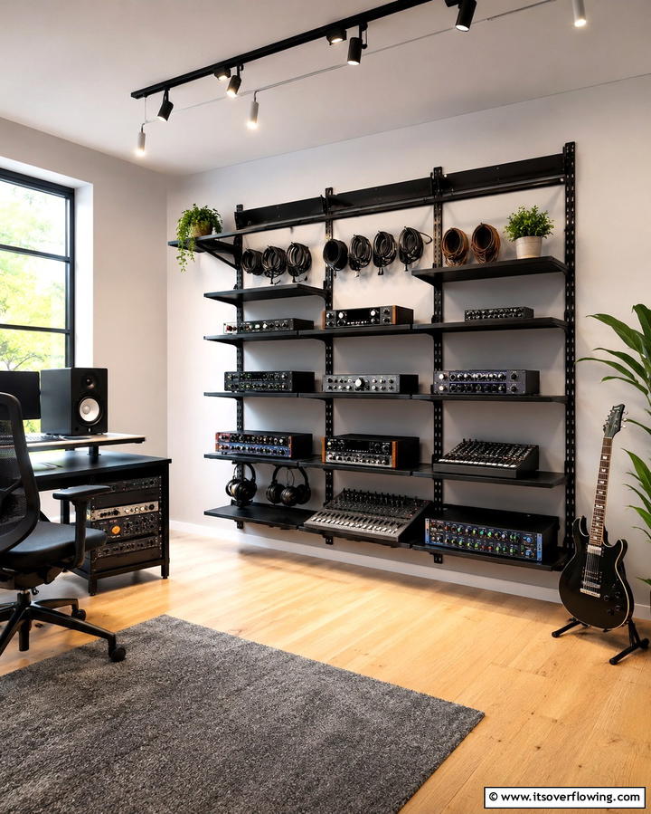 Adjustable Shelves for Equipment Storage - 25 Podcast Room Ideas for a Professional Setup
