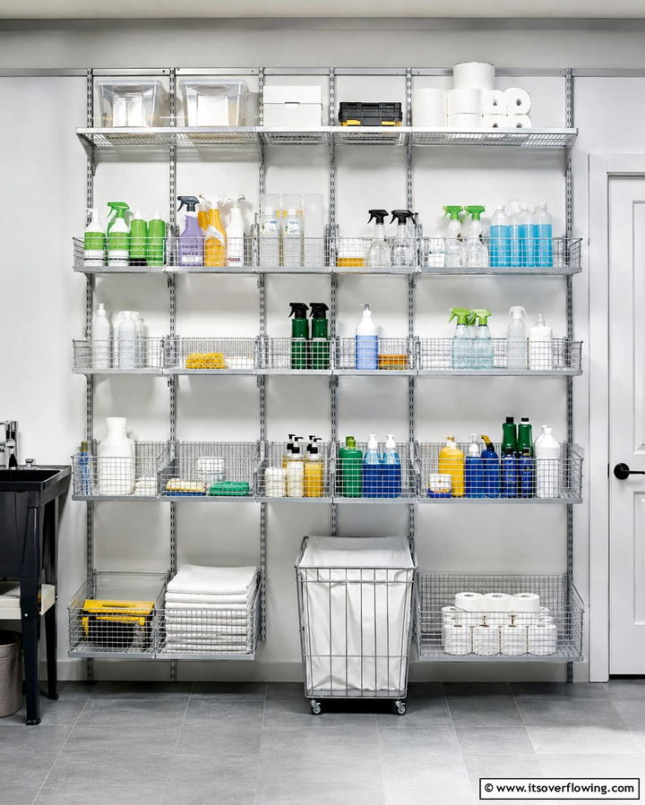 Adjustable Wire Basket Shelving - 30 Laundry Room Shelf Ideas- Maximize Storage & Efficiency