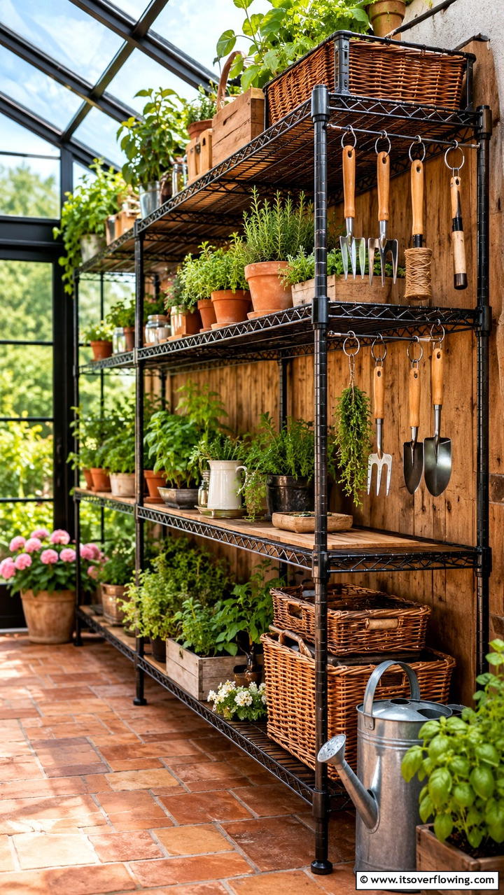 Adjustable Wire Shelves with Hooks - 30 Greenhouse Shelving Ideas- Organized Plant Storage