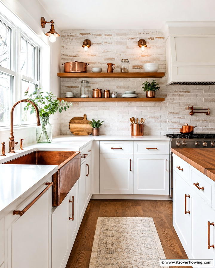Aged Copper Fixtures - 30 Rustic White Kitchen Ideas for Timeless Farmhouse Style
