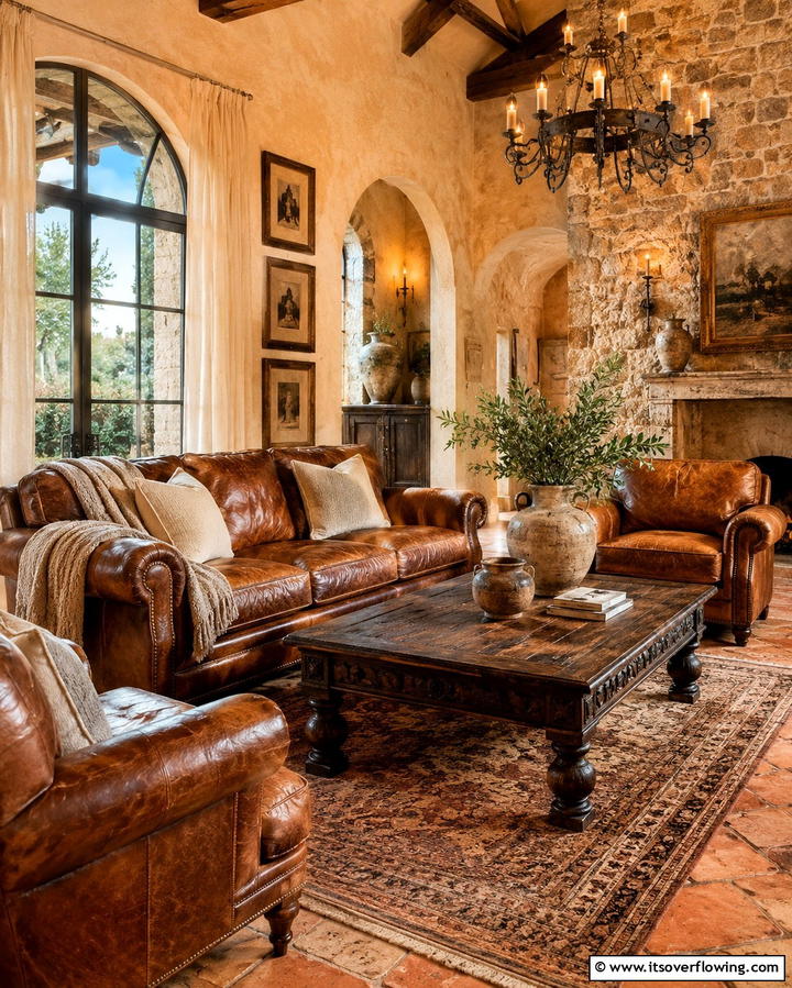 Aged Leather Furniture - 20 Tuscan Living Room Ideas for a Cozy Feel