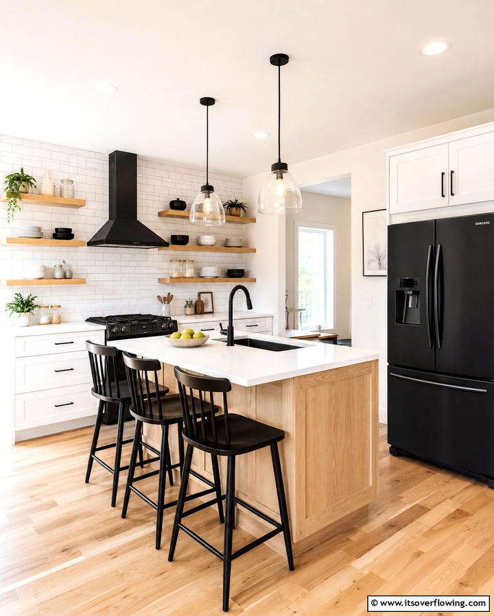Airy Feel with Open Shelving - 25 Kitchen With Black Appliances for a Sleek and Modern Look