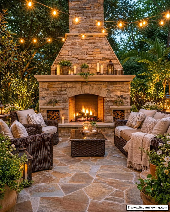 Alfresco Warmth Outdoors - 21 Rustic Stone Fireplace Designs for Cozy Living Rooms
