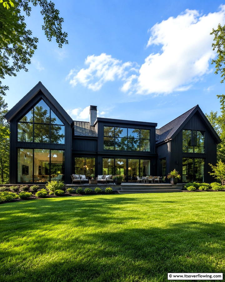 All Black Exterior with Glass Accents - 25 Black Modern Farmhouse Exterior Design Ideas