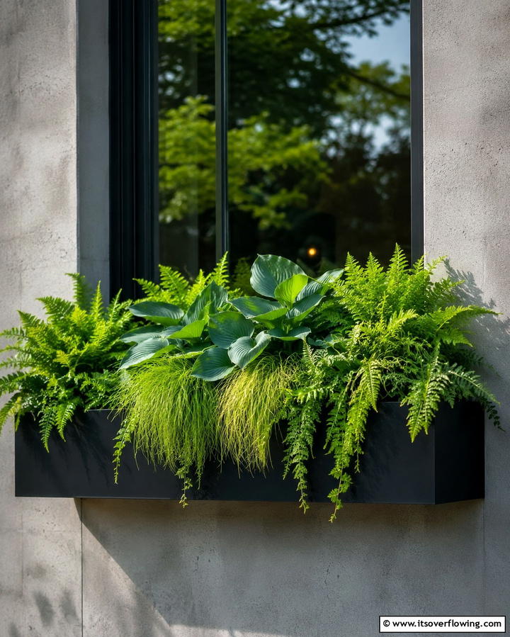 All Green Foliage Boxes - 25 Window Box Ideas to Brighten Your Home’s Exterior