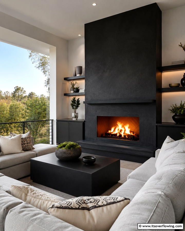 Alluring Black Outdoor Fireplace - 30 Inviting Black Porch Ideas for a Modern Outdoor Oasis