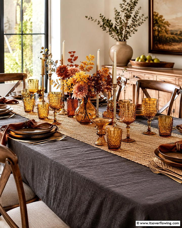 Amber Glassware - 25 Fall Table Decor Ideas for a Seasonal and Festive Dining Experience