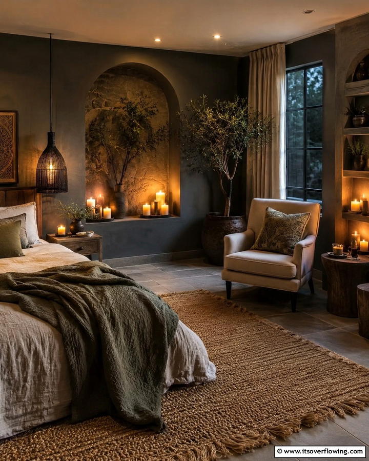 Ambient Candlelight Corners - 30 Moody Dark Boho Bedroom Decor Inspirations for Cozy Nights