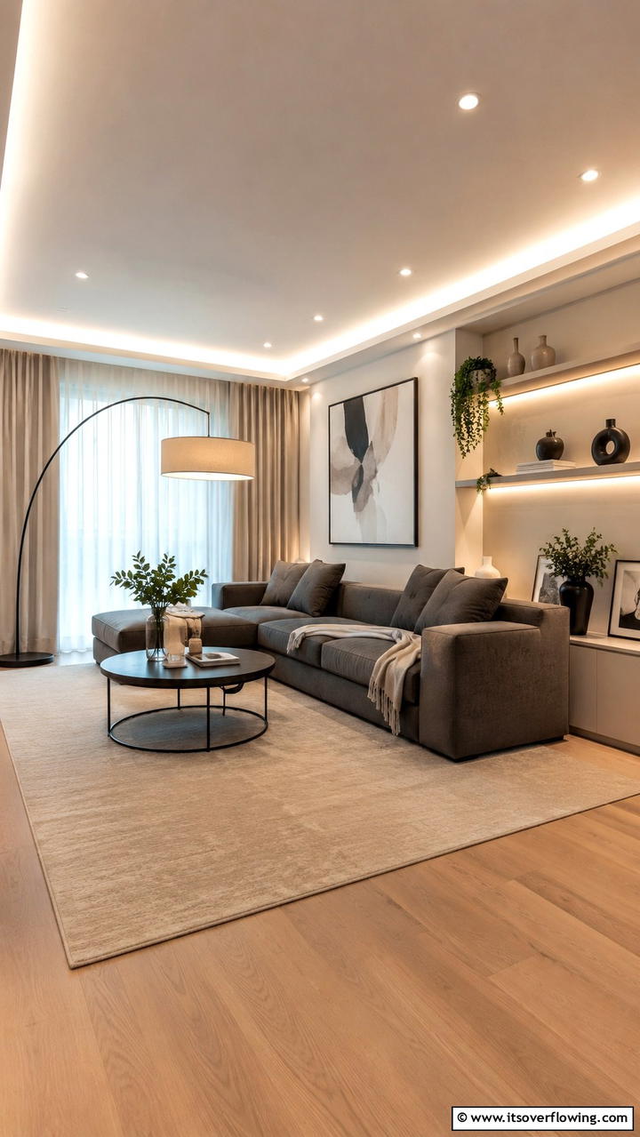 Ambient Lighting Effects - 30 Grey and Beige Living Room Ideas- Warm Minimalist Designs