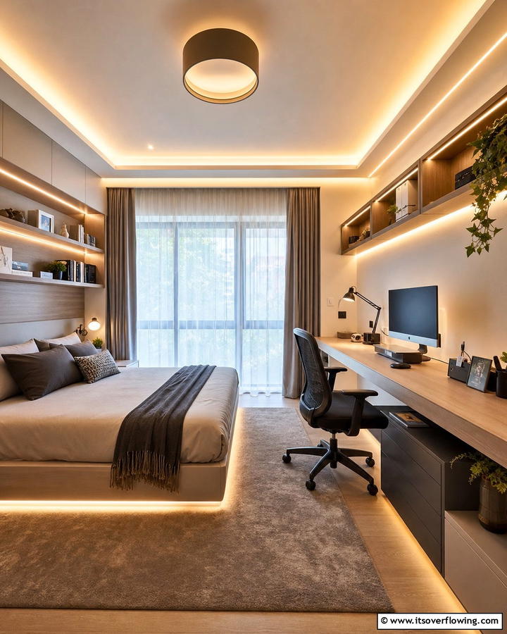 Ambient Lighting Focus - 21 Functional Bedroom Office Ideas for Productive Spaces