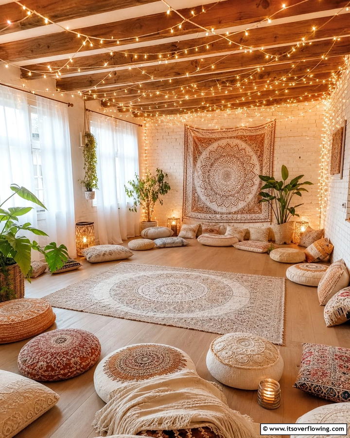 Ambient Lighting with Fairy Lights - 20 Boho Meditation Room Ideas- Tranquil Retreats