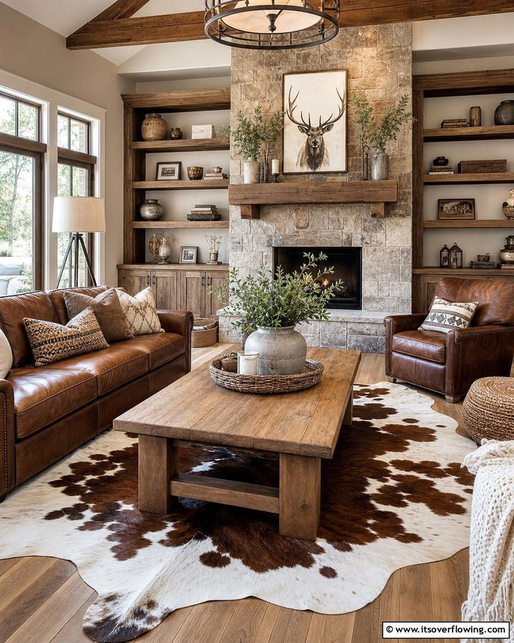 Animal Hide Rugs for Rustic Luxury - 20 Primitive Living Room Ideas for a Rustic Look