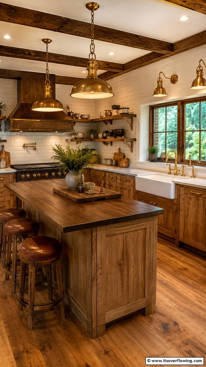 Antique Brass Lighting Fixtures - 30 Cabin Kitchen Ideas- Rustic and Cozy Cooking Spaces