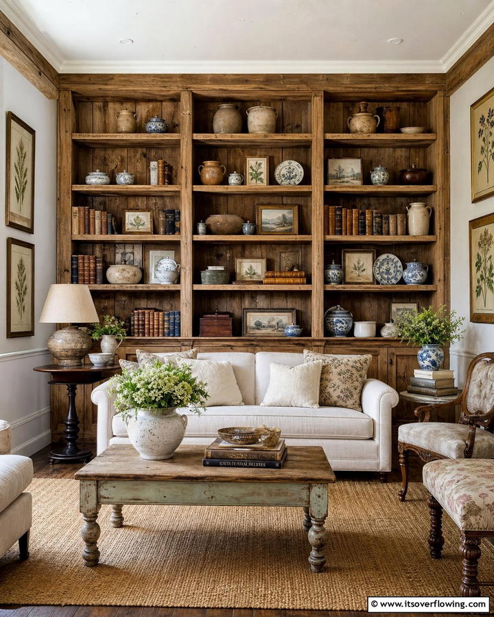 Antique Display Shelves - 21 Country Living Room Ideas with Rustic Elegance