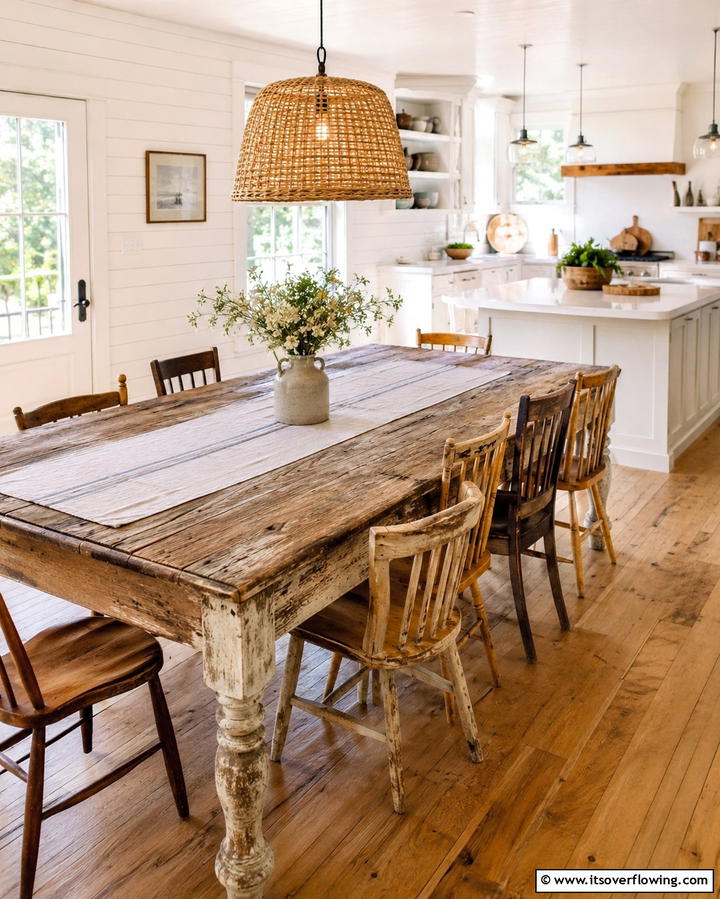 Antique Farmhouse Table - 30 Rustic White Kitchen Ideas for Timeless Farmhouse Style
