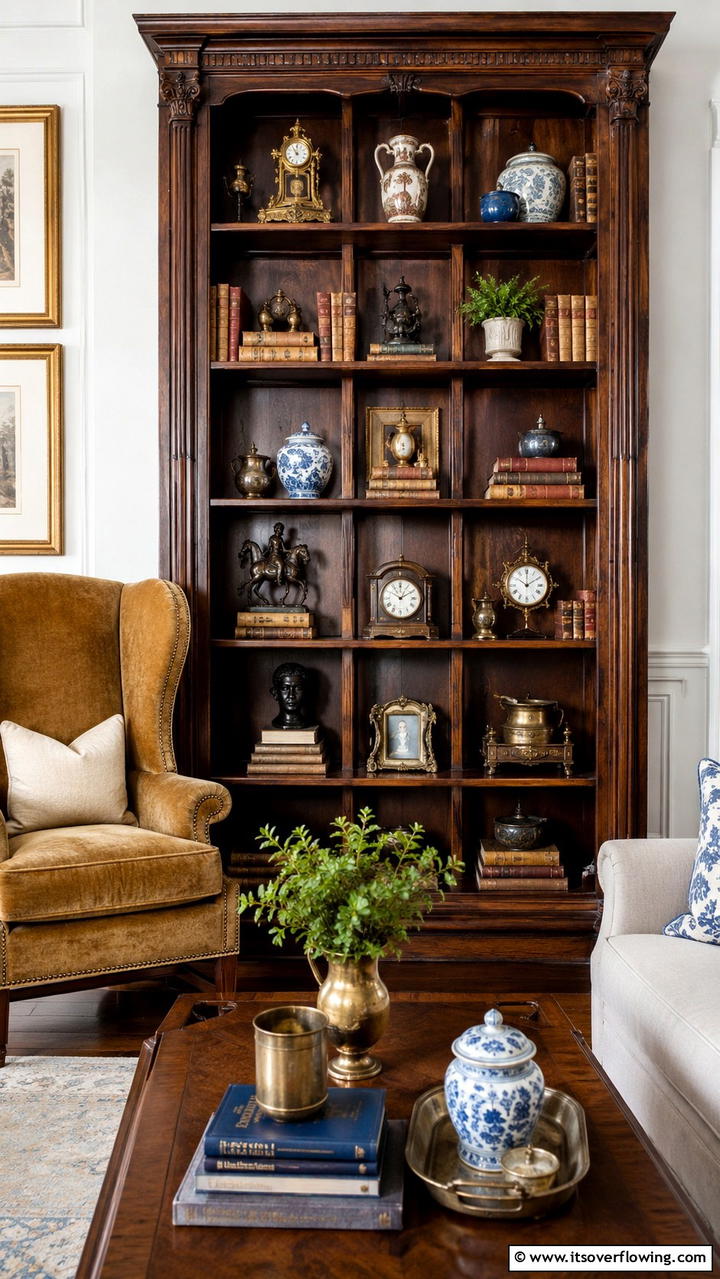 Antique Finds Integration - 30 Creative Bookshelf Decor Ideas for Organized Living Spaces