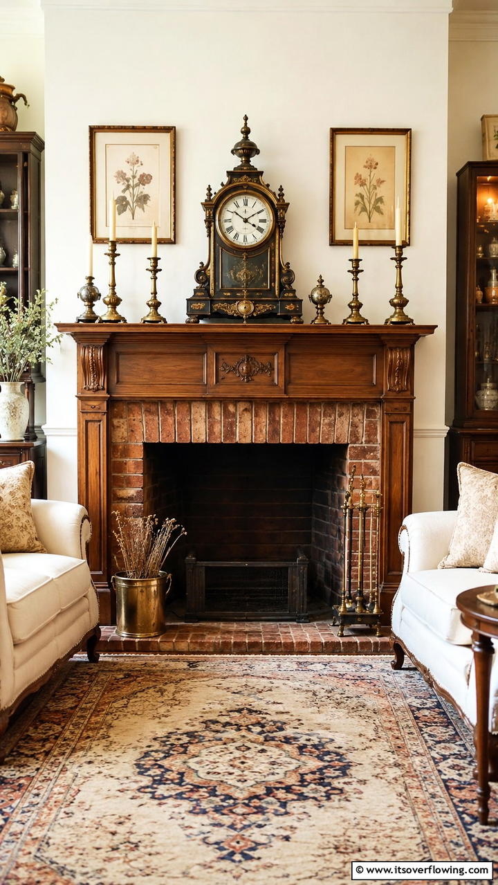 Antique Mantel Clock - 30 Farmhouse Fireplace Ideas for Cozy Living Spaces