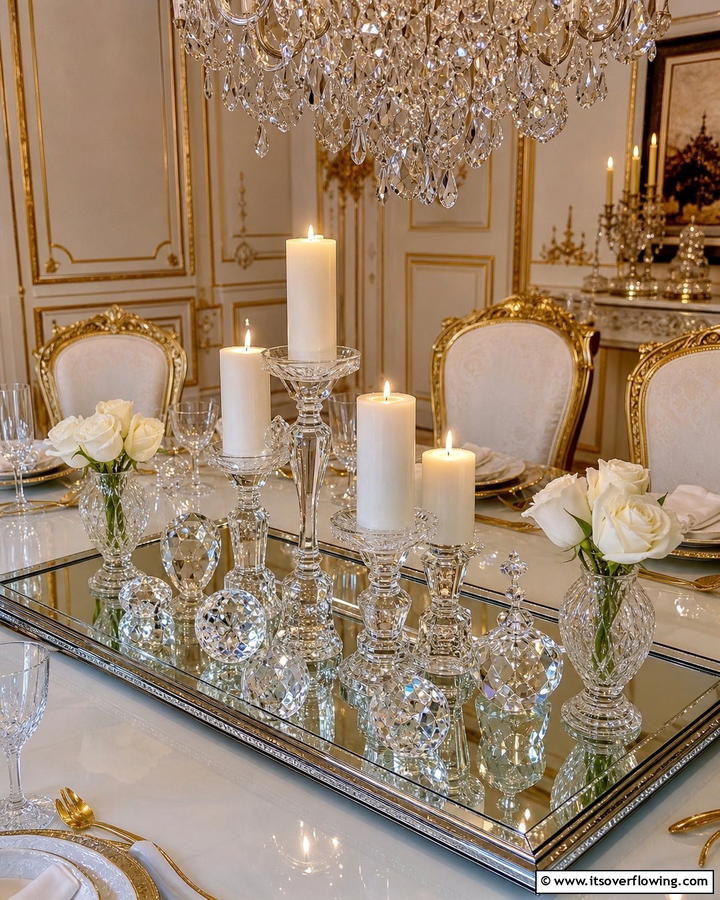 Antique Mirror Base with Candles and Crystals - 25 Centerpiece Ideas for Stunning Table Decor