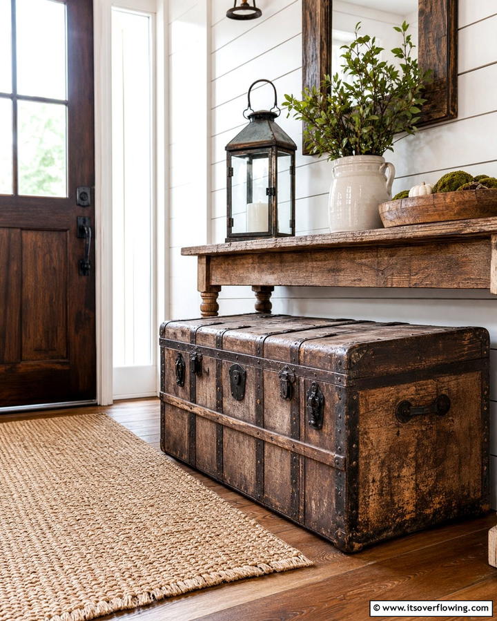 Antique Trunks - 25 Farmhouse Entryway Ideas for a Warm and Welcoming First Impression