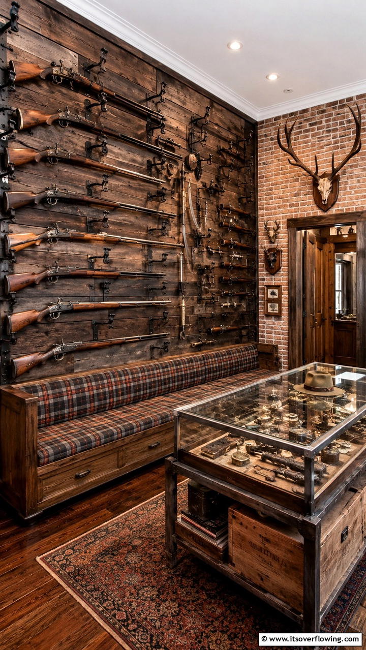 Antique Weaponry Display - 30 Hunting Trophy Room Ideas for Rustic Decor