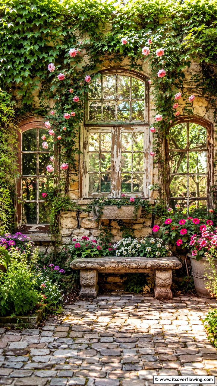 Antique Window Garden Wall - 30 Garden Wall Ideas for Vertical Planting and Privacy Screens