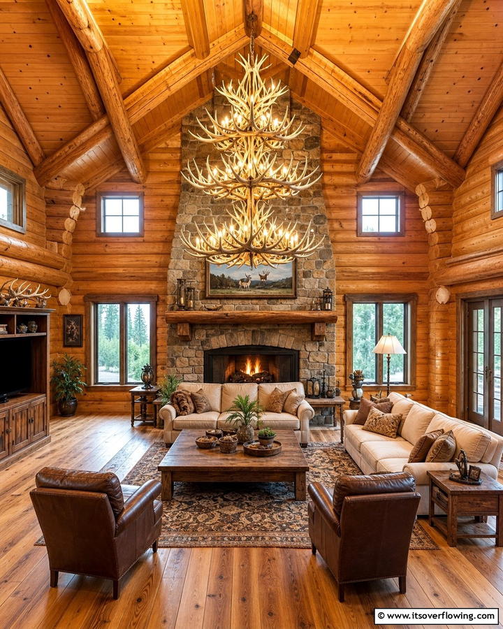 Antler Chandeliers - 20 Cabin Living Room Ideas for Cozy Comfort