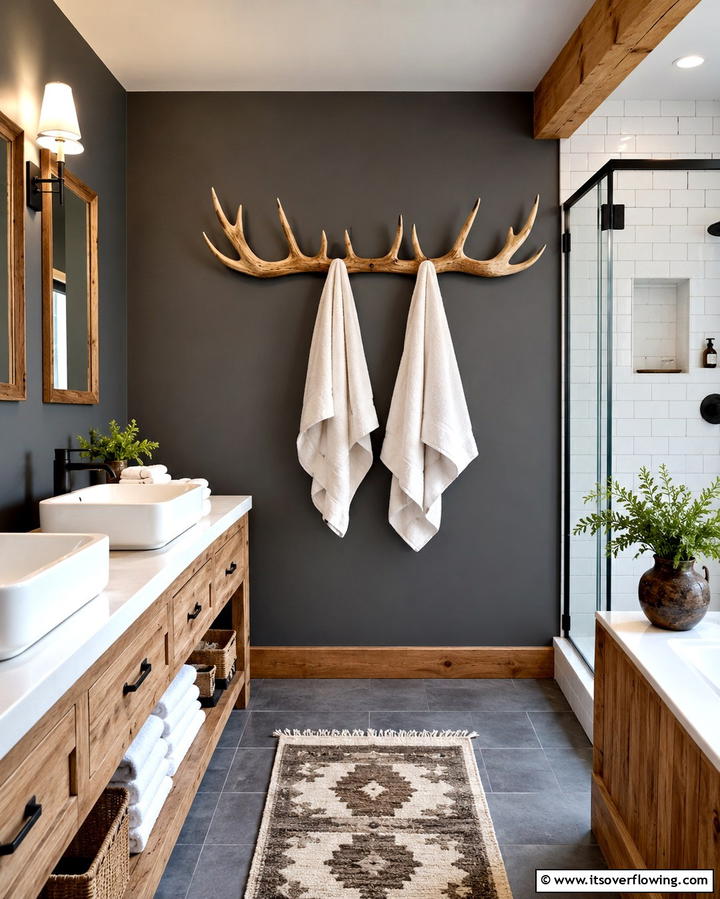 Antler Decor - 25 Rustic Bathroom Ideas for a Cozy Feel