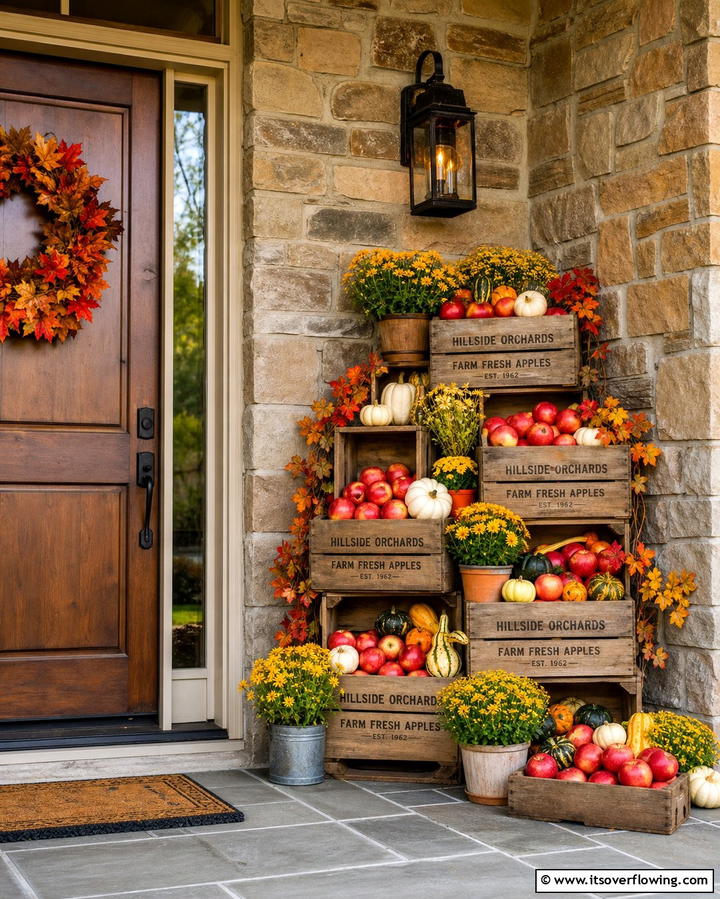 Apple Crate Arrangement - 25 Front Door Fall Decor Ideas for a Welcoming Entrance