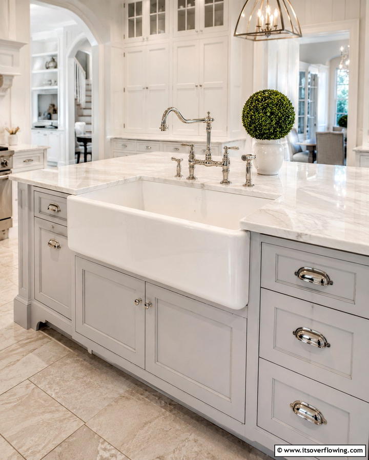 Apron Front Farmhouse Sink - 30 Charming White Farmhouse Kitchen Inspirations