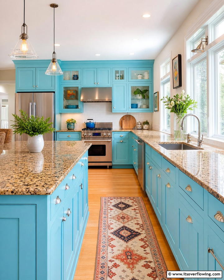 Aqua Blue Cabinets with Speckled Brown Granite - 20 Blue Kitchen Cabinets With Brown Granite Countertops