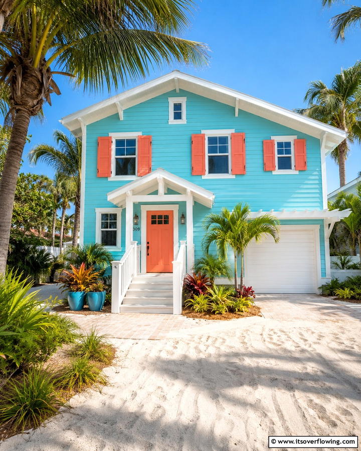 Aqua Blue with Coral Highlights - 30 Serene Blue Exterior House Paint Ideas for Curb Appeal