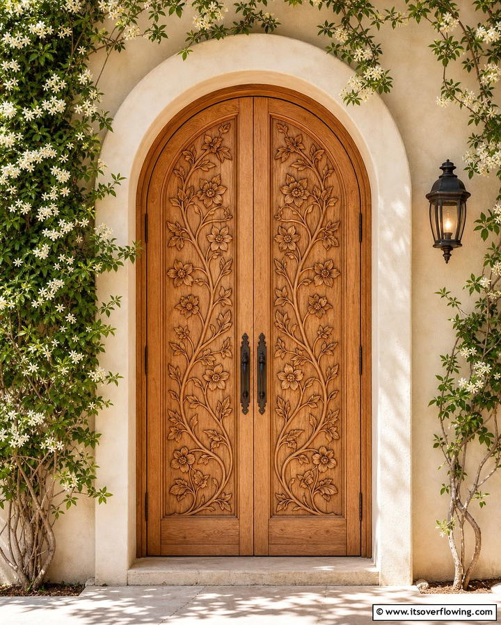 Arched Doors with Floral Carvings - 25 Mediterranean Front Door Ideas for a Warm Welcome