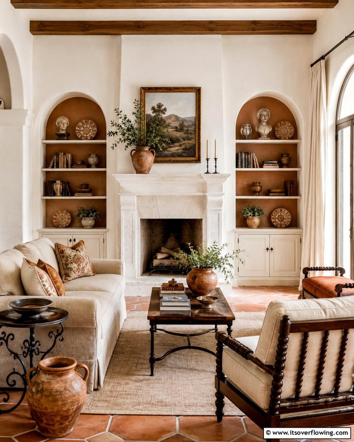 Arched Shelves for a Soft Elegant Look - 30 Fireplace with Bookshelves Ideas for Cozy Literary Nooks
