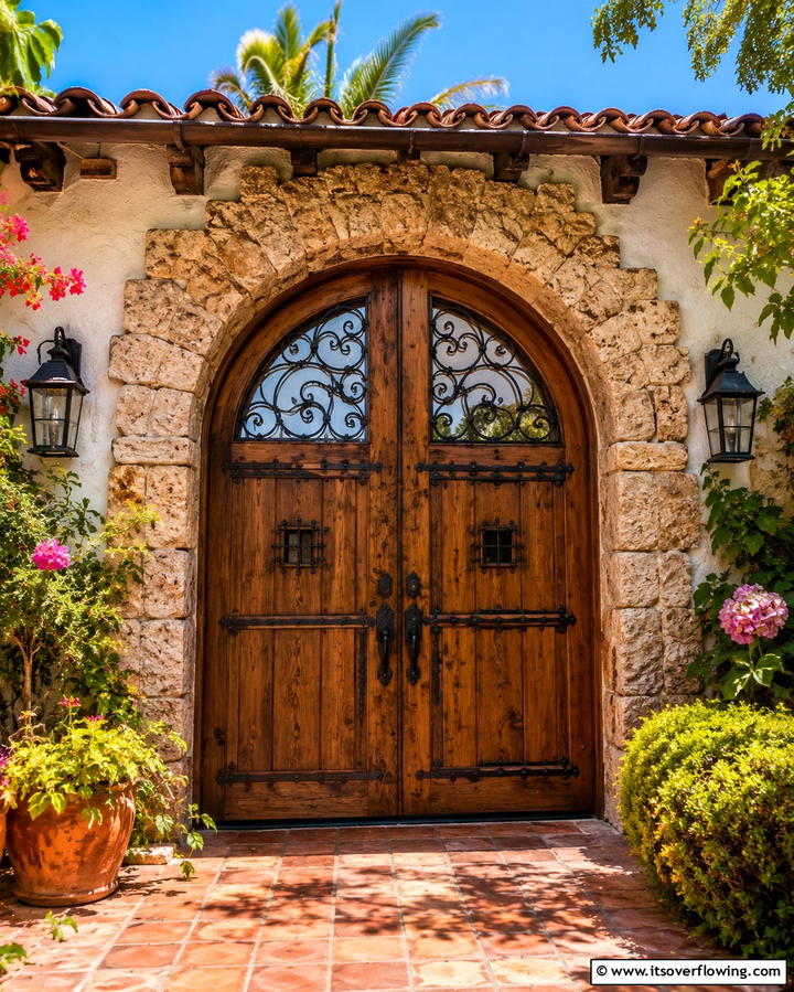 Arched Wooden Doors with Wrought Iron Details - 25 Spanish Style Front Door Ideas for Curb Appeal