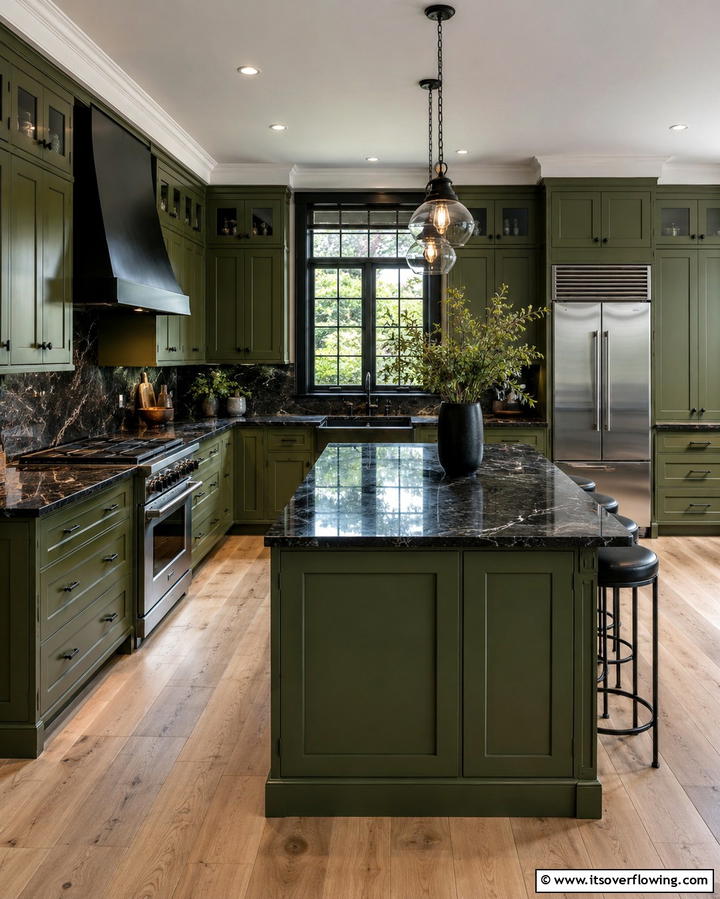 Army Green Cabinets with Black Granite Counters - 30 Green Kitchen Cabinets & Black Countertops Pairing Ideas