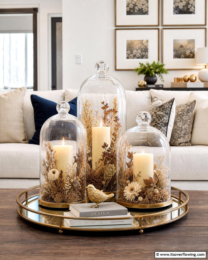 Arrange Candle Displays in Glass Domes - 25 Decorating With Candles Ideas for a Warm and Inviting Home